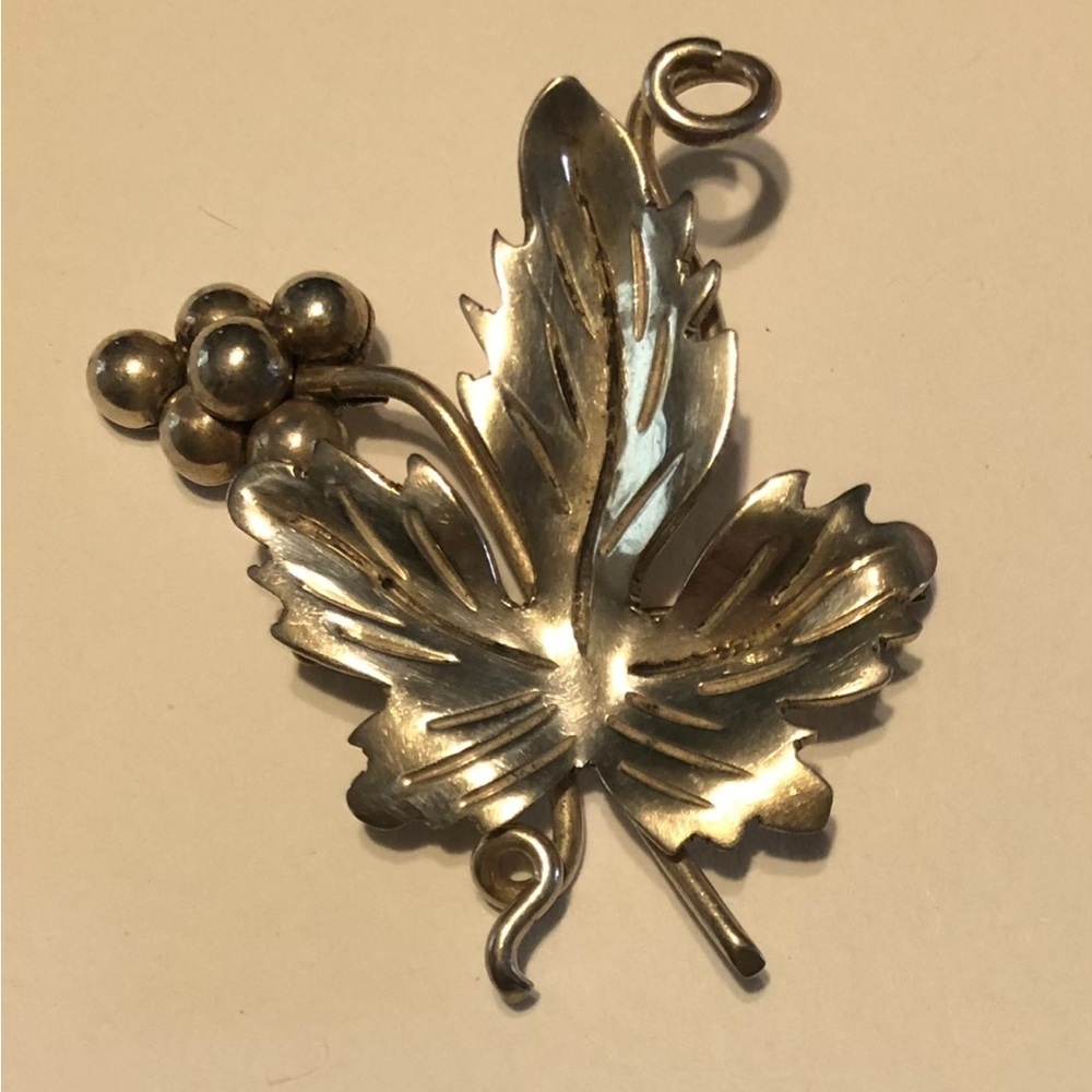 Vintage Mexico Taxco Signed Grapes Leaf Brooch Pin